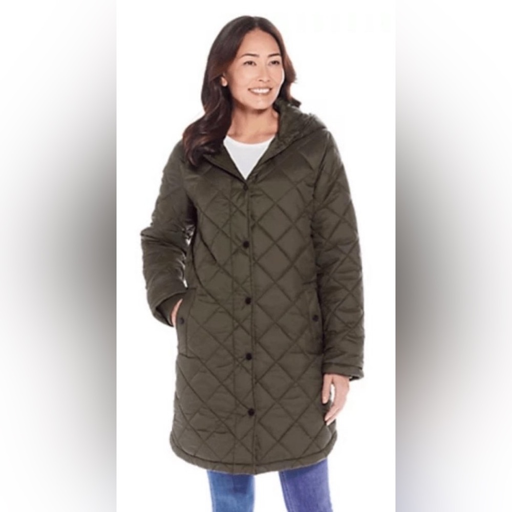 Weatherproof Hooded Diamond-Quilted Puffer Coat-Olive Green-Size Large